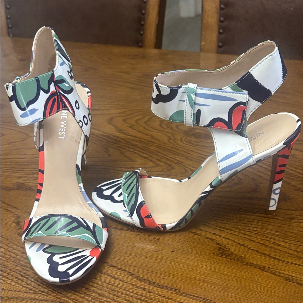 Nine West Tropical Floral Ankle-Strap Sandals in Green, White, Black and Coral - Picture 3 of 10